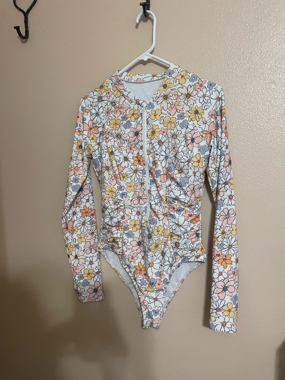 Floral Long-Sleeve One-Piece Swimsuit in Pastel Mix